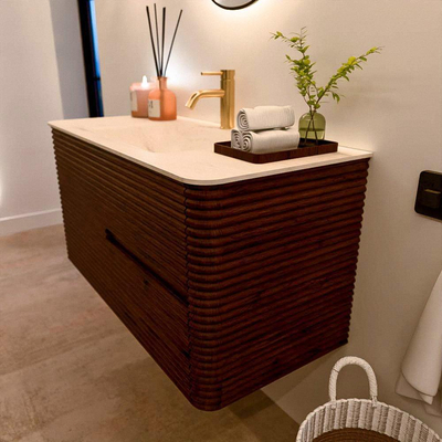 Mondiaz CIRO-DLUX Meuble de salle de bains - 100x45x50cm - Plan vasque solid surface Meli - 1 lavabo au milieu - 1 trou de robinet - 2 tiroirs - Ruby