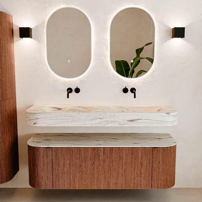 MONDIAZ THOR-DLUX 140cm meuble de salle de bains arrondi gauche + droite couleur Ruby avec 1 tiroir et 2 portes. Vasque suspendue CLOUD Double sans trou de robinet couleur Nata.