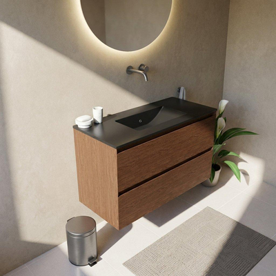 Saniclass Holz Pure Ensemble de meubles de salle de bains - 100x45x62cm - Vasque Vygo en céramique noire - 1 vasque - sans trou de robinet - 2 tiroirs - walnut pure mat (bois)