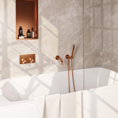 BRAUER Stripe Thermostatische Badkraan - drukknoppen - SET 03 - inbouw - uitloop - staaf handdouche - doucheslang - wandaansluitbocht - koper geborsteld PVD