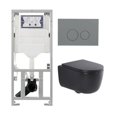 QeramiQ Dely Swirl Ensemble WC - 36.3x51.7cm - réservoir encastré Geberit UP320 - avec cadre Burda - abattant slim - plaque de commande gris clair - boutons ronds - noir mat