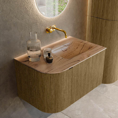 MONDIAZ KURVE-DLUX meuble de salle de bains 75cm arrondi Gauche couleur Dusk avec 1 tiroir et 1 porte. Lavabo GRUNNE Droite sans trou de robinet Arena.