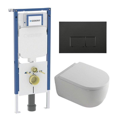 QeramiQ Dely Swirl Toiletset - 36.3x51.7cm - Geberit UP720 inbouwreservoir - 35mm zitting - mat zwarte metalen bedieningsplaat - rechthoekige knoppen - met Burda frame - glans wit