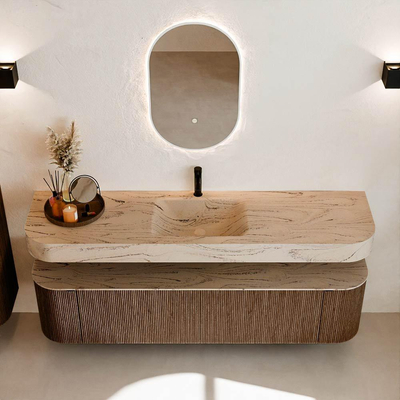 MONDIAZ THOR-DLUX 180cm meuble de salle de bains arrondi gauche + droite couleur Walnut avec 2 tiroirs et 2 portes. Vasque suspendue CLOUD Milieu 1 trou de robinet couleur Arena.