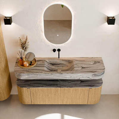 MONDIAZ THOR-DLUX 150cm meuble de salle de bains arrondi gauche + droite couleur Oak avec 1 tiroir et 2 portes. Vasque suspendue CLOUD Milieu sans trou de robinet couleur Sombra.