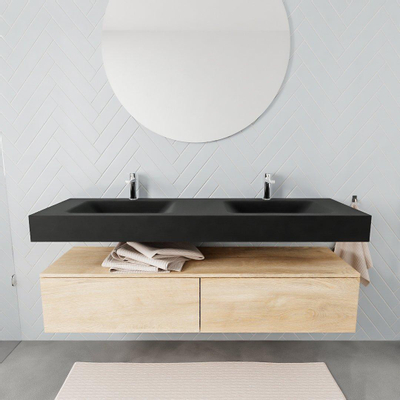 MONDIAZ ALAN 150cm - meuble bas - chêne blanchi - 2 tiroirs - lavabo suspendu - 2 vasques - 2 trous de robinet - urban