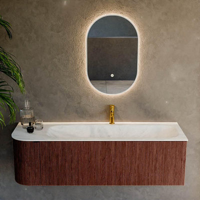 Mondiaz KURVE-DLUX Ensemble de meuble - 145x46x40cm - 1 tiroir - 1 porte - lavabo en solid surface - droite - 1 trou de robinet - Ruby