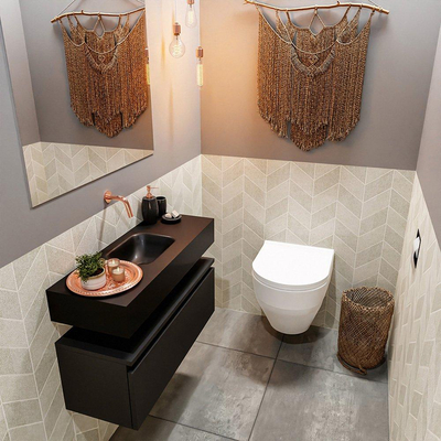 MONDIAZ ANDOR Toiletmeubel - 80x30x30cm - 0 kraangaten - 1 lades - urban mat - wasbak midden - Solid surface - Zwart