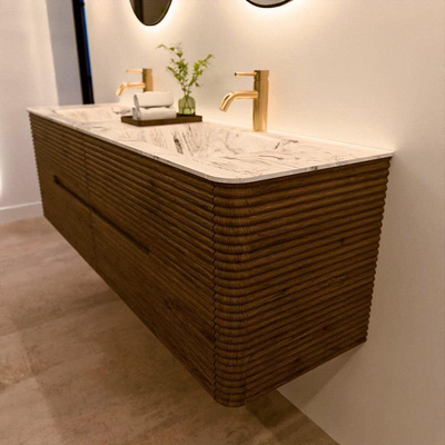 Mondiaz CIRO-DLUX Badkamermeubelset - 160x45x50cm - Solid surface wastafel Glace - 2 wasbak Dubbel - 2 kraangaten - 4 lades - Dusk