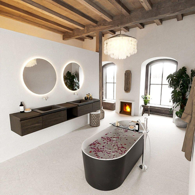 MONDIAZ BUKLA Meuble de salle de bains 240 cm avec module ouvert 40 au milieu couleur Dark Brown avec 4 tiroirs. Lavabo CLOUD double 0 trous de robinet couleur Urban.