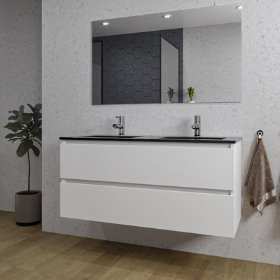Saniclass Chaci Meuble de salle de bain - 120x46x55cm - lavabo en céramique noir - 2 vasques - 2 trous de robinet - 2 tiroirs - miroir rectangulaire - blanc mat