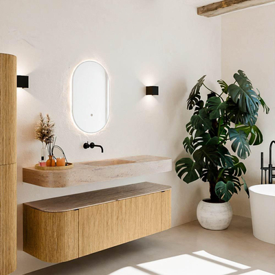 MONDIAZ THOR-DLUX 150cm meuble de salle de bains arrondi gauche + droite couleur Oak avec 1 tiroir et 2 portes. Vasque suspendue CLOUD Centre sans trou de robinet couleur Saba.