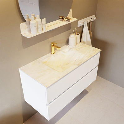 Mondiaz VICA-DLUX Ensemble de meuble de salle de bain - 100cm - meuble sous lavabo talc - 2 tiroirs - lavabo encastré cloud milieu - 1 trou de robinet - version haute de 60cm - ostra