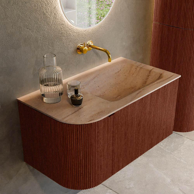 MONDIAZ KURVE-DLUX Meuble de salle de bains 85cm arrondi gauche couleur Ruby avec 1 tiroir et 1 porte. Lavabo CLOUD à droite sans trou de robinet Saba.