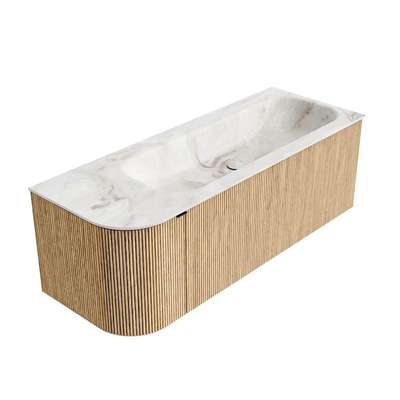 MONDIAZ KURVE-DLUX Meuble de salle de bains 125 cm avec module 25 L couleur Chêne avec 1 tiroir et 1 porte. Lavabo BIG MEDIUM à droite sans trou de robinet couleur Frappe.