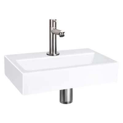 Differnz Flat Set lave-mains 38x24x8cm 1 trou avec robinet droit et siphon + bonde chrome mat Rectangulaire Céramique Blanc