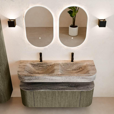 MONDIAZ THOR-DLUX 130cm meuble de salle de bains arrondi gauche + droite couleur Shadow avec 1 tiroir et 2 portes. Vasque suspendue CLOUD Double 2 trous de robinet couleur Oza.