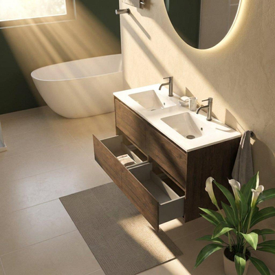 Saniclass Holz Pure Ensemble meuble de salle de bains - 120x45x62cm - lavabo Vygo en céramique blanc - 2 vasques - 2 trous de robinetterie - 4 tiroirs - chêne charcoal mat (bois)