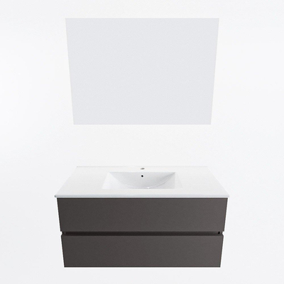 Mondiaz VICA ensemble de meuble de salle de bain - 100cm - meuble sous-vasque gris foncé - 2 tiroirs - lavabo denia milieu - 1 trou de robinet - couleur Blanc Brillant - miroir LED - version XL 60cm de haut