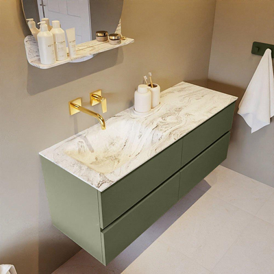 MONDIAZ VICA-DLUX Ensemble meuble de salle de bains - 130cm - meuble sous-vasque army - 4 tiroirs - lavabo encastré cloud gauche - sans trous de robinetterie - version haute 60cm - glace