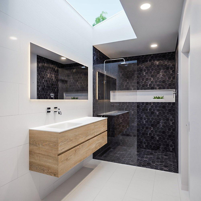 MONDIAZ VICA Ensemble de meuble salle de bain - 150cm - 2 tiroirs - lavabo Cloud gauche - 0 trous de robinet - solid surface chêne blanchi