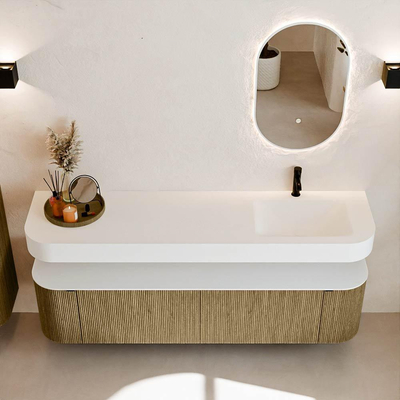 MONDIAZ THOR 180cm meuble de salle de bains arrondi gauche + droite couleur Dusk avec 2 tiroirs et 2 portes. Vasque suspendue CLOUD Droite 1 trou de robinet couleur Talc.