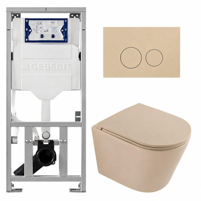 QeramiQ Dely Toiletset - 36.3x51.7cm - diepspoel - rimless - Geberit UP320 inbouwreservoir - softclose toilet zitting - bedieningsplaat beige - ronde knoppen - mat beige