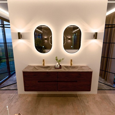 Mondiaz CIRO-DLUX Badkamermeubelset - 160x45x50cm - Solid surface wastafel Sombra - 2 wasbak Dubbel - 2 kraangaten - 4 lades - Ruby