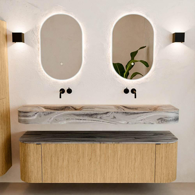 MONDIAZ THOR-DLUX 160cm meuble de salle de bains arrondi gauche + droite couleur Oak avec 1 tiroir et 2 portes. Vasque suspendue CLOUD Double sans trou de robinet couleur Sombra.