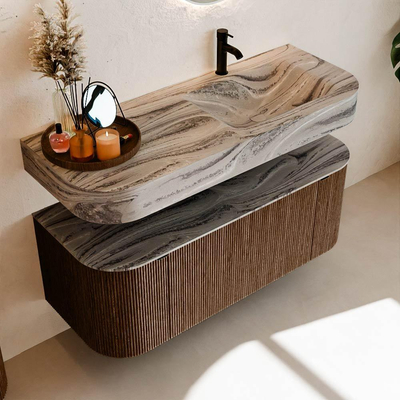 MONDIAZ THOR-DLUX 120cm badmeubel ronding links + rechts kleur Walnut met 1 lade en 2 deuren. Vrijhangende wastafel CLOUD Rechts 1 kraangat kleur Sombra.