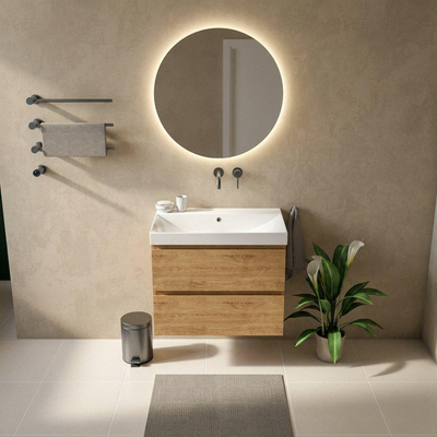 Saniclass Holz Pure Ensemble de meubles de salle de bains - 80x45x67.5cm - lavabo Wave en céramique - 1 vasque - sans trou de robinetterie - 2 tiroirs - chêne naturel mat (bois)