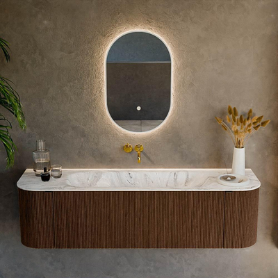 MONDIAZ KURVE-DLUX Meuble de salle de bains 160cm avec module 25 Len R couleur Walnut avec 1 tiroir et 2 portes. Lavabo BIG MEDIUM centré sans trou de robinet couleur Glace.