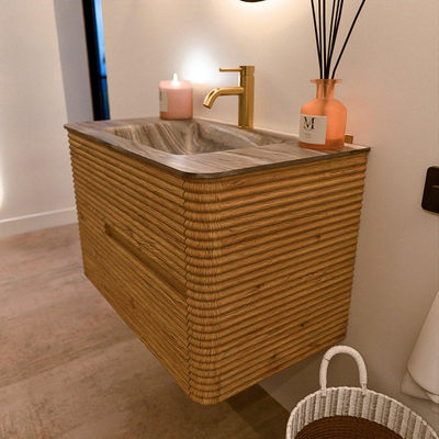 Mondiaz CIRO-DLUX Meuble de salle de bains - 80x45x50cm - Plan-vasque solid surface Sombra - 1 vasque centrale - 1 trou de robinetterie - 2 tiroirs - Chêne