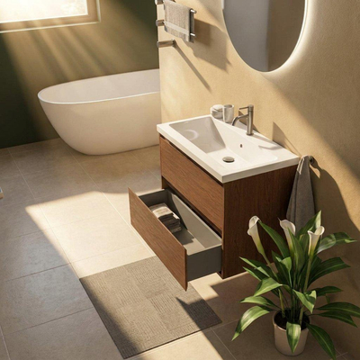 Saniclass Holz Pure Ensemble meuble de salle de bains - 80x45x63.5cm - Lavabo en céramique Bari blanc - 1 vasque - 1 trou de robinet - 2 tiroirs - noyer pure mat (bois)