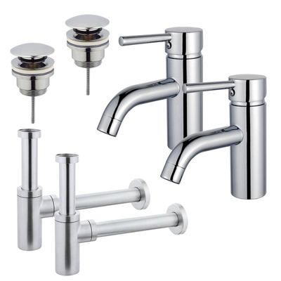 FortiFura Calvi Kit robinet lavabo - pour double vasque - robinet bas - bonde clic clac - siphon design - Chrome brillant