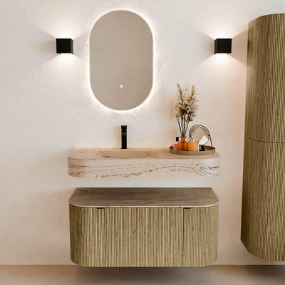 MONDIAZ THOR-DLUX 100cm meuble de salle de bains arrondi gauche + droite couleur Dusk avec 1 tiroir et 2 portes. Vasque suspendue CLOUD gauche 1 trou de robinet couleur Arena.