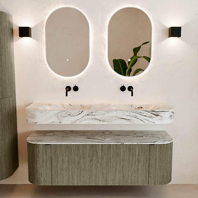 MONDIAZ THOR-DLUX 140cm meuble de salle de bains arrondi gauche + droite couleur Shadow avec 1 tiroir et 2 portes. Vasque suspendue CLOUD Double sans trou de robinet couleur Glace.