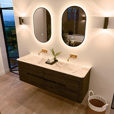 Mondiaz CIRO-DLUX Badkamermeubelset - 150x45x50cm - Solid surface wastafel Frappe - 2 wasbak Dubbel - zonder kraangaten - 4 lades - Shadow