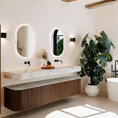 MONDIAZ THOR-DLUX 200cm meuble de salle de bains arrondi gauche + droite couleur Walnut avec 2 tiroirs et 2 portes. Vasque suspendue CLOUD Double sans trou de robinet couleur Glace.