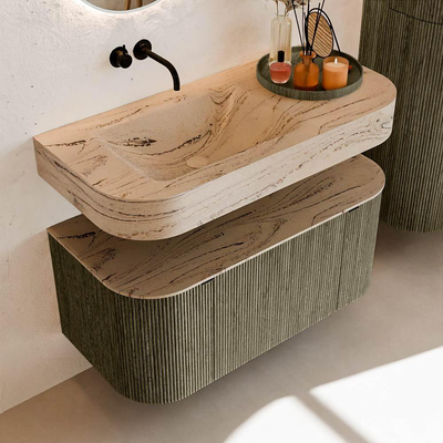 MONDIAZ THOR-DLUX 100cm meuble de salle de bains arrondi gauche + droite couleur Shadow avec 1 tiroir et 2 portes. Vasque suspendue CLOUD gauche sans trou de robinet couleur Arena.