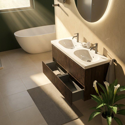 Saniclass Holz Atelier Ensemble meuble de salle de bains - 120x45x63.5cm - lavabo en céramique Palermo blanc - 2 vasques - 2 trous de robinetterie - 2 tiroirs - chêne charcoal mat (bois)