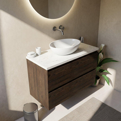 Saniclass Holz Pure Ensemble meuble de salle de bains - 100x45x63cm - Plan vasque en marbre Dia poli (blanc) - sans trou de robinetterie - 2 tiroirs - chêne charcoal mat (bois)