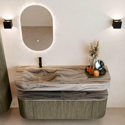 MONDIAZ THOR-DLUX 140cm meuble de salle de bains arrondi gauche + droite couleur Shadow avec 1 tiroir et 2 portes. Vasque suspendue CLOUD gauche 1 trou de robinet couleur Sombra.