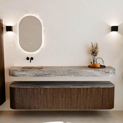 MONDIAZ THOR-DLUX 190cm badmeubel ronding links + rechts kleur Walnut met 2 lades en 2 deuren. Vrijhangende wastafel CLOUD Links zonder kraangat kleur Oza.