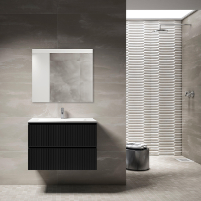 Saniclass Prime Blend Ensemble meuble de salle de bains - 80x55x46cm - 1 vasque rectangulaire en céramique blanche - 1 trou de robinet - 2 tiroirs - miroir rectangulaire - noir mat