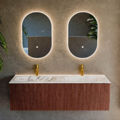 Mondiaz KURVE-DLUX Badkamermeubelset - 140x46x40cm - 2 lade - wastafel solid surface - dubbel - 2 kraangaten - Ruby