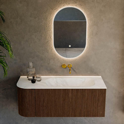 MONDIAZ KURVE-DLUX Meuble de salle de bains 115 cm avec module 25 L couleur Walnut avec 1 tiroir et 1 porte. Lavabo BIG SMALL à droite sans trou de robinet couleur Ostra.