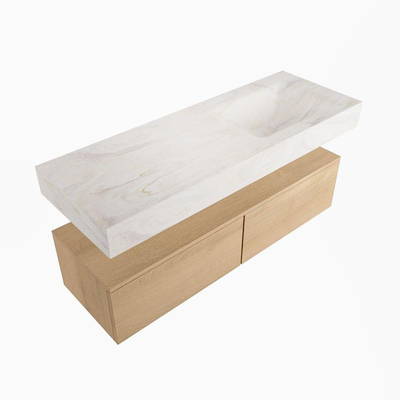 Mondiaz ALAN-DLUX Ensemble de meuble - 130cm - meuble Washed Oak mat - 2 tiroirs - Lavabo Cloud Ostra suspendu - vasque Droite - 0 trous de robinet