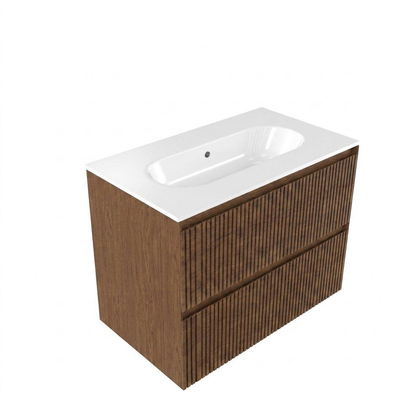 Saniclass Holz Atelier Ensemble meuble de salle de bains - 80x45x73.9cm - Lavabo Chaci en céramique blanc - 1 vasque - sans trou de robinet - 2 tiroirs - noyer pur mat (bois)