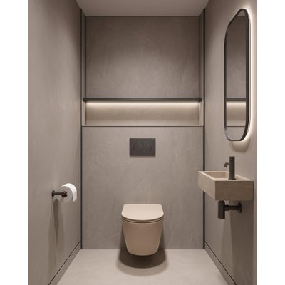 QeramiQ Dely Toiletset - 36.3x51.7cm - diepspoel - rimless - Geberit UP320 inbouwreservoir - softclose toilet zitting - 35mm - bedieningsplaat mat antraciet - ronde knoppen - mat beige